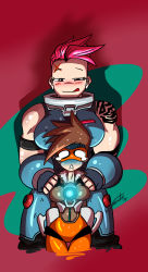 Rule 34 | 2girls, absurdres, brown hair, felipe bende, goggles, grabbing, grabbing from behind, highres, licking lips, multiple girls, muscular, naughty face, overwatch, overwatch 1, pink hair, scar, short hair, size difference, sleeveless, tattoo, tears, toned, tongue, tongue out, tracer (overwatch), you gonna get raped, zarya (overwatch)