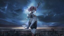 Rule 34 | 1girl, arm up, city lights, cityscape, cloud, fence, fritia ignis, game cg, highres, looking at viewer, night, official art, pink eyes, pink hair, short hair, smile, snowbreak: containment zone, solo, star (sky), third-party source