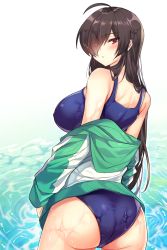 Rule 34 | 1girl, ahoge, ass, bad id, bad pixiv id, bare shoulders, black hair, blue one-piece swimsuit, blush, commentary request, green jacket, hair over one eye, highres, iris yuma, jacket, korean commentary, long hair, long sleeves, looking at viewer, maett, one-piece swimsuit, parted lips, red eyes, school swimsuit, shoulder blades, solo, soulworker, standing, swimsuit, swimsuit under clothes, water, wet, wet clothes, wet swimsuit