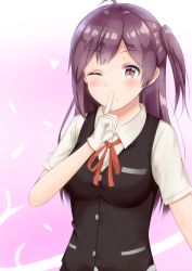 Rule 34 | 1girl, ;), ahoge, black vest, blush, breast pocket, brown eyes, buttons, collared shirt, commentary request, dress shirt, fifth3640, finger to mouth, gloves, hagikaze (kancolle), hand up, heart, highres, kantai collection, long hair, looking at viewer, neck ribbon, one eye closed, one side up, pink background, pocket, purple hair, red ribbon, ribbon, school uniform, shirt, short sleeves, shushing, smile, solo, upper body, vest, white gloves, wing collar