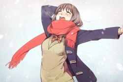Rule 34 | 1girl, bad id, bad pixiv id, blush, breath, brown hair, closed eyes, jacket, kawai makoto, looking up, open mouth, original, outstretched arm, red scarf, scarf, school uniform, snow, solo, upper body