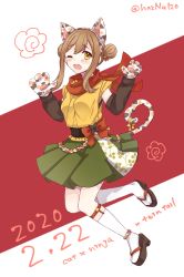 Rule 34 | 1girl, animal ears, animal hands, animal print, artist name, artist request, blush, bow, breasts, brown hair, female focus, fish print, full body, gloves, green skirt, hair bun, hazna120, highres, kunikida hanamaru, light brown hair, long hair, looking at viewer, love live!, love live! school idol festival, love live! sunshine!!, off shoulder, one eye closed, outstretched arms, paw gloves, red bow, red scarf, sandals, scarf, shirt, single hair bun, skirt, small breasts, smile, solo, standing, standing on one leg, tail, twintails, white legwear, yellow eyes, yellow shirt