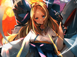 Rule 34 | 1girl, adapted turret, asakaze (kancolle), blue bow, blue bowtie, blue eyes, blue hakama, bow, bowtie, cannon, cowboy shot, forehead, hakama, highres, japanese clothes, kantai collection, light brown hair, long hair, looking at viewer, meiji schoolgirl uniform, parted bangs, sidelocks, signature, solo, sunday aki, turret, wavy hair