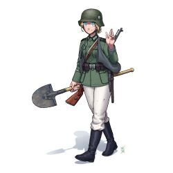 Rule 34 | 1girl, absurdres, ammunition pouch, blonde hair, blue eyes, bolt action, boots, collar tabs, combat helmet, entrenching tool, full body, gun, gun sling, helmet, highres, holding, holding shovel, load bearing equipment, long sleeves, mauser 98, military, military uniform, original, ostwindprojekt, pants, pants tucked in, pouch, rifle, short hair, shovel, simple background, solo, stahlhelm, uniform, weapon, white background, white pants