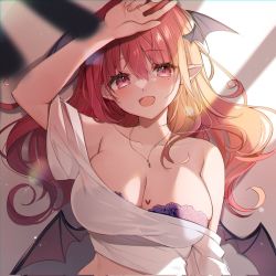 Rule 34 | 1girl, :d, arm up, bare shoulders, bat wings, blurry, breasts, cleavage, depth of field, head wings, highres, jewelry, koakuma, large breasts, long hair, looking at viewer, low wings, mini wings, natsuki (ukiwakudasai), off-shoulder shirt, off shoulder, open mouth, pink eyes, pointy ears, red hair, shirt, smile, solo, touhou, wings