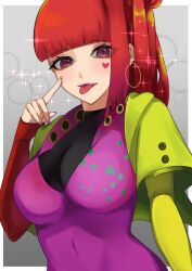 Rule 34 | 1girl, earrings, gnosia, heart, heart earrings, heart tattoo, high ponytail, jewelry, long hair, long sleeves, looking at viewer, nail polish, red eyes, red hair, sikabane, sq (gnosia), tattoo, upper body