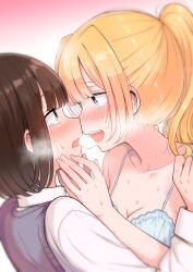 Rule 34 | 2girls, absurdres, after kiss, betock, blonde hair, blue eyes, blush, breasts, brown hair, cleavage, commentary request, eye contact, gradient background, highres, looking at another, medium breasts, multiple girls, open mouth, original, pink background, ponytail, saliva, saliva trail, short hair, sweat, tears, teeth, upper teeth only, yellow eyes, yuri