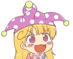 Rule 34 | &gt;:d, 1girl, :d, bad id, bad pixiv id, blonde hair, blush, blush stickers, clown hat, clownpiece, dot nose, frilled shirt collar, frills, gyate gyate, hat, ikiyouz, jester cap, lowres, neck ruff, open mouth, polka dot, portrait, purple eyes, purple hat, smile, solo, touhou, transparent background, v-shaped eyebrows