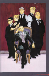 Rule 34 | 1girl, 5boys, alternate costume, alternate hairstyle, arakawa hiromu, arm at side, armband, armchair, black-framed eyewear, black dress, black eyes, black footwear, black hair, black jacket, black neckwear, black pants, blonde hair, blue eyes, border, breasts, brown eyes, chair, cigarette, cleavage, closed eyes, closed mouth, collared shirt, crossed arms, crossed legs, curtains, dress, dress shirt, earrings, elbow rest, facing viewer, fingernails, folded ponytail, formal, full body, fullmetal alchemist, glasses, grey border, grey hair, grey neckwear, grey vest, hair slicked back, halter dress, halterneck, head rest, head tilt, height difference, heymans breda, high collar, high heels, highres, jacket, jean havoc, jewelry, kain fuery, large breasts, light brown hair, lineup, looking at viewer, looking to the side, multiple boys, necklace, necktie, on chair, one eye closed, over-rim eyewear, pants, pearl necklace, red background, riza hawkeye, roy mustang, semi-rimless eyewear, serious, shadow, shirt, shoes, simple background, sitting, smile, smoke, smoking, stud earrings, suit, swept bangs, tsurime, vato falman, vest, white shirt