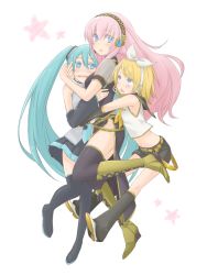 Rule 34 | 3girls, age difference, aqua hair, belt, blonde hair, blue eyes, blush, boots, child, detached sleeves, doku (ka022k), female focus, full body, hair ornament, hair ribbon, hairclip, hatsune miku, headphones, headset, hug, hug from behind, kagamine rin, knee boots, leg warmers, long hair, looking at another, looking back, megurine luka, midriff, multiple girls, necktie, onee-loli, open mouth, pink hair, ribbon, short hair, simple background, skirt, star (symbol), sweatdrop, thigh boots, thighhighs, twintails, very long hair, vocaloid, white background, yuri