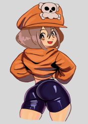 Rule 34 | 1girl, :d, ass, bike shorts, blush, bright pupils, brown eyes, brown hair, cabbie hat, commentary, from behind, grey background, guilty gear, hair between eyes, hat, highres, hood, hood down, hoodie, looking at viewer, looking back, may (guilty gear), open mouth, orange hoodie, shiny clothes, short hair, simple background, skull and crossbones, smile, solo, xeno (xenoglitch)