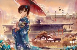 Rule 34 | 10s, 1girl, aircraft, airplane, alternate costume, architecture, bracelet, brown eyes, brown hair, cowboy shot, east asian architecture, floral print, flower, historical name connection, holding, japanese clothes, jewelry, kaga (aircraft carrier), kaga (kancolle), kantai collection, kimono, looking at viewer, name connection, obi, object namesake, oil-paper umbrella, outdoors, sash, side ponytail, solo, spark (sandro), torii, translation request, umbrella