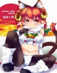 Rule 34 | 10s, 1girl, 2015, alternate costume, animal ears, bad id, bad pixiv id, black gloves, black pantyhose, blush, braid, breasts, cat ears, cat tail, covered erect nipples, extra ears, food, fruit, gloves, highres, horns, kaenbyou rin, konata gazel, long hair, looking at viewer, mandarin orange, medium breasts, midriff, navel, new year, object on breast, pantyhose, pointy ears, red eyes, red hair, sheep horns, sitting, smile, solo, tail, touhou