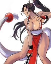 Rule 34 | 1girl, absurdres, breasts, fatal fury, folded fan, folding fan, from side, hand fan, highres, large breasts, pelvic curtain, ponytail, revealing clothes, shiranui mai, smile, smug, solo, thighs