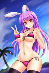 Rule 34 | 1girl, animal ears, bare shoulders, bikini, black thighhighs, blue sky, blush, body blush, breasts, covered erect nipples, day, female focus, front-tie top, groin, large breasts, long hair, navel, outdoors, palm tree, purple hair, rabbit ears, red bikini, red eyes, reisen udongein inaba, shiny skin, side-tie bikini bottom, sky, slit pupils, solo, sumapan, swimsuit, thighhighs, touhou, tree, v, very long hair