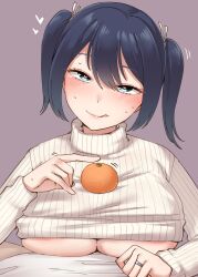 Rule 34 | 1girl, absurdres, black hair, blue eyes, breasts, food, fruit, grey background, highres, kantai collection, kiritto, large breasts, long sleeves, looking at viewer, mandarin orange, medium hair, oppai mochi, paizuri, paizuri under clothes, ribbed sweater, simple background, solo, souryuu (kancolle), sweater, underboob, upper body, white sweater