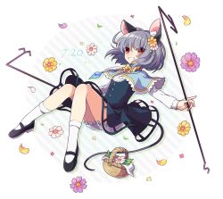 Rule 34 | 1girl, :d, absurdres, ahoge, animal ears, basket, black dress, black footwear, bloomers, bow, bowtie, capelet, dated, dowsing rod, dress, flower, full body, grey hair, hair between eyes, highres, holding, jewelry, knees together feet apart, kozakura (dictionary), long sleeves, looking at viewer, mary janes, mouse ears, mouse tail, nazrin, necklace, open mouth, petals, red eyes, shoes, short hair, smile, socks, solo, striped, striped background, tail, touhou, underwear, white bloomers, white socks, yellow bow, yellow bowtie