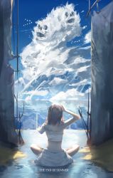 Rule 34 | 1girl, amputee, arms up, bad id, bad pixiv id, bandages, bare shoulders, bird, blue sky, brown hair, cloud, commentary request, day, english text, facing away, from behind, hand on own head, highres, indian style, long hair, mountain, mountainous horizon, on ground, original, outdoors, reflection, ruins, scenery, sitting, skirt, skull, sky, suigetsu (hjs1106), white skirt