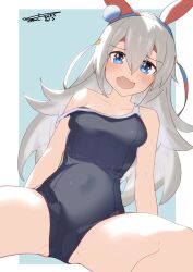 Rule 34 | 1girl, blue background, blue eyes, blue hairband, blue one-piece swimsuit, blush, border, breasts, collarbone, commentary request, competition school swimsuit, competition swimsuit, ear covers, fang, grey hair, hair between eyes, hair ornament, hairband, headband, highres, horse girl, long hair, looking at viewer, one-piece swimsuit, open mouth, red headband, school swimsuit, signature, simple background, small breasts, solo, spread legs, strap slip, swimsuit, tamamo cross (umamusume), tami2004, thighs, tracen swimsuit, umamusume, very long hair, white border