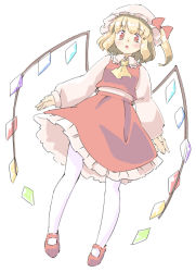 Rule 34 | 1girl, arnest, ascot, blonde hair, blush, crystal, flandre scarlet, full body, hat, hat ribbon, long sleeves, looking at viewer, medium hair, mob cap, one side up, open mouth, pantyhose, red eyes, red footwear, red ribbon, red skirt, red vest, ribbon, shirt, shoes, simple background, skirt, solo, touhou, vest, white background, white hat, white pantyhose, white shirt, wings, yellow ascot