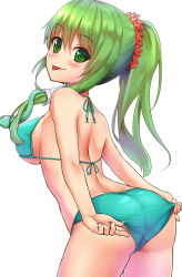Rule 34 | 1girl, :p, adjusting clothes, adjusting swimsuit, aqua bikini, ass, bare shoulders, bikini, bikini pull, blush, breasts, butt crack, chiroshiron, clothes pull, green eyes, green hair, hair ornament, hair tubes, halterneck, highres, kochiya sanae, large breasts, long hair, looking at viewer, looking back, matching hair/eyes, ponytail, scrunchie, simple background, smile, snake hair ornament, solo, string bikini, swimsuit, tongue, tongue out, touhou, underboob, wedgie, white background