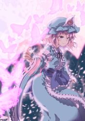 Rule 34 | 1girl, akizuki haruhi, aura, blurry, bug, butterfly, collar, depth of field, floating, frilled kimono, frilled shirt collar, frills, glowing butterfly, hand up, hat, incoming attack, bug, japanese clothes, kimono, looking afar, looking down, mob cap, obi, petals, pink eyes, pink hair, pink theme, ribbon, ribbon-trimmed collar, ribbon-trimmed sleeves, ribbon trim, saigyouji yuyuko, saigyouji yuyuko&#039;s fan design, sash, short hair, smile, solo, touhou, triangular headpiece, wide sleeves, wind