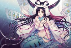 Rule 34 | 1girl, bikini, black hair, black horns, blue background, breasts, chikage (sou2 krszti), closed mouth, detached sleeves, eye print, facial mark, fate/grand order, fate (series), forehead mark, gradient background, hair rings, highres, horns, large breasts, long hair, long horns, long sleeves, looking at viewer, mermaid costume, multicolored hair, multicolored horns, navel, parted bangs, pink hair, pink horns, pink ribbon, polka dot, polka dot background, print sleeves, purple background, ribbon, ribbon-trimmed sleeves, ribbon trim, sessyoin kiara, sessyoin kiara (swimsuit mooncancer), sessyoin kiara (swimsuit mooncancer) (third ascension), side-tie bikini bottom, smile, solo, streaked hair, swimsuit, two-tone horns, very long hair, white bikini, white ribbon, white sleeves, white veil, wide sleeves, yellow eyes