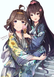 Rule 34 | 2girls, ahoge, arm around shoulder, artist name, blush, bow, brown eyes, brown hair, close-up, collarbone, commentary request, dated, double bun, eyebrows, flower, food, grin, hair bow, hair bun, hair flower, hair ornament, highres, himeyamato, holding, holding food, holding person, ice cream, japanese clothes, kantai collection, kimono, kongou (kancolle), long hair, long sleeves, looking at viewer, multiple girls, obi, open mouth, pink flower, ponytail, purple eyes, sash, short hair, smile, stairs, teeth, two side up, wide sleeves, yamato (kancolle), aged down, yukata