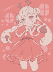 Rule 34 | 1girl, antlers, blush, brown mittens, commentary, copyright request, cropped legs, double bun, dress, fang, fur-trimmed sleeves, fur trim, hair bun, hair ornament, hairclip, highres, horns, jigatei (omijin), long sleeves, looking at viewer, mittens, monochrome, open mouth, red background, red dress, reindeer antlers, simple background, solo, symbol-only commentary, thick eyebrows, twintails, x hair ornament