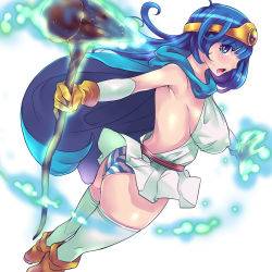 Rule 34 | 1girl, blue eyes, blue hair, breasts, cape, chunsoft, circlet, covered erect nipples, dragon quest, dragon quest iii, enix, female focus, gloves, gradient background, large breasts, long hair, magic, matching hair/eyes, official art, panties, sage (dq3), sideboob, simple background, solo, staff, striped clothes, striped panties, thighhighs, underwear, white background, yoshiron