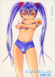 Rule 34 | 1girl, absurdres, alternate costume, blue hair, breasts, buruma, cameltoe, cleavage, clothes lift, cover, cover page, cowboy shot, crossed arms, groin, gym uniform, hair between eyes, highres, hoshino ruri, kidou senkan nadesico, long hair, looking at viewer, midriff, navel, nishitsuki tsutomu, no bra, scan, scrunchie, shirt, shirt lift, short sleeves, simple background, small breasts, solo, standing, twintails, underboob, undressing, very long hair, white background, yellow eyes