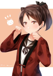 Rule 34 | 1girl, animal ears, animal print, bad id, bad pixiv id, black sailor collar, blush, brown eyes, brown hair, cat ears, cat girl, cat print, closed mouth, commentary request, expressionless, fake animal ears, flat chest, hairband, hands up, juurouta, kantai collection, long sleeves, looking at viewer, nape, orange background, parted bangs, paw pose, raised eyebrows, sailor collar, school uniform, serafuku, shikinami (kancolle), shirt, short hair, solo, twitter username, up sleeve, white shirt, wide sleeves