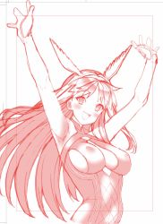 Rule 34 | armpits, arms up, bare arms, bare shoulders, blush, breasts, bright pupils, cleavage, covered erect nipples, covered navel, floating hair, forehead, hairband, head wings, highres, large breasts, leotard, long hair, looking at viewer, monochrome, open mouth, original, parted bangs, playboy bunny, saito aoba, sideboob, sketch, sleeveless, smile, tight clothes, upper body, wings