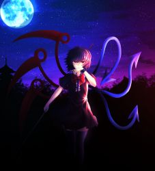 Rule 34 | 1girl, architecture, asymmetrical wings, backlighting, bad id, bad pixiv id, black dress, black hair, bow, bowtie, building, covering own mouth, dress, east asian architecture, full moon, highres, holding, houjuu nue, juji, looking at viewer, moon, night, night sky, outdoors, polearm, short hair, short sleeves, silhouette, sky, solo, standing, star (sky), starry sky, thighhighs, touhou, tree, trident, weapon, wings, wristband, zettai ryouiki