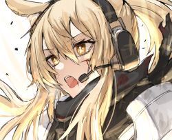 Rule 34 | 1girl, absurdres, animal ears, arknights, armor, blonde hair, blood, blood on clothes, blood on face, commentary request, hair between eyes, headset, highres, horn/wood, horse ears, horse girl, horse tail, huge filesize, implied extra ears, long hair, looking ahead, nearl (arknights), open mouth, ponytail, scratches, simple background, solo, tail, upper body, white background, yellow eyes