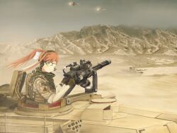 Rule 34 | 1girl, aircraft, airplane, alternate costume, american flag, ammunition pouch, black-framed eyewear, blush, body armor, bow, brown gloves, brown hair, brown jacket, camouflage, camouflage jacket, closed mouth, commentary, day, desert, desert camouflage, doki doki literature club, dust cloud, ear protection, english commentary, eotech, f-18 hornet, fatigues, fighter jet, floating hair, francisluong, gatling gun, glasses, glint, gloves, green eyes, green scarf, grey sky, gun, hair ribbon, headset, highres, hydration carrier, jacket, jet, keffiyeh, light smile, looking at viewer, m134 minigun, m1 abrams, machine gun, medium machine gun, microphone, military jacket, military uniform, military vehicle, minigun, monika (doki doki literature club), motor vehicle, mountainous horizon, multiple-barrel firearm, on vehicle, open hatch, optical sight, outdoors, over-rim eyewear, patch, bulletproof vest, pocket, ponytail, pouch, ribbon, rotary machine gun, sand, scarf, semi-rimless eyewear, short sleeves, shoulder patch, sky, sleeves rolled up, smile, smoke grenade launcher, soldier, solo, tank, triangle, uniform, upper body, watch, weapon, white bow, white ribbon, wind, wristwatch