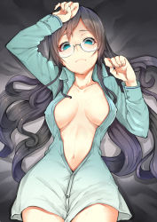 Rule 34 | 10s, 1girl, black hair, blue eyes, breasts, empty eyes, glasses, hairband, kantai collection, long hair, lying, mikan (chipstar182), naked shirt, no bra, on back, ooyodo (kancolle), open clothes, open shirt, ringed eyes, shirt, solo