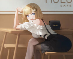 Rule 34 | 1girl, :d, arched back, arm up, bad anatomy, bag, bare shoulders, bench, black skirt, blonde hair, blue eyes, bob cut, breasts, brown pantyhose, cafeteria, crossed legs, feet out of frame, hair ornament, handbag, highres, hololive, hololive english, large breasts, leaning forward, looking at viewer, nhaliz, off-shoulder shirt, off shoulder, open mouth, pantyhose, shirt, short sleeves, signature, sitting, skirt, smile, solo, suspender skirt, suspenders, table, virtual youtuber, watson amelia, white shirt, wooden bench, wooden table
