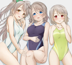 Rule 34 | 10s, 3girls, :d, bad id, bad pixiv id, bare arms, bare shoulders, blue eyes, blue one-piece swimsuit, blush, bow, breasts, brown eyes, collarbone, commentary request, competition swimsuit, covered navel, green bow, green one-piece swimsuit, grey background, grey hair, hair bow, hair ornament, hairclip, hand on own stomach, hands on own chest, highres, in-franchise crossover, knee up, large breasts, long hair, looking at viewer, love live!, love live! nijigasaki high school idol club, love live! school idol festival all stars, love live! school idol project, love live! sunshine!!, lying, medium breasts, minami kotori, multiple girls, nakasu kasumi, on back, on side, one-piece swimsuit, one side up, open mouth, parted lips, red eyes, side ponytail, simple background, small breasts, smile, smug, suzume miku, swept bangs, swimsuit, tareme, thighs, trait connection, v-shaped eyebrows, watanabe you, white one-piece swimsuit