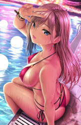 Rule 34 | 1girl, :d, arm up, ass, bare shoulders, bikini, bikini tan, blue eyes, breasts, brown hair, commentary request, covered erect nipples, earrings, gyaru, hair between eyes, halterneck, jewelry, kase daiki, large breasts, long hair, looking at viewer, looking to the side, nail polish, open mouth, original, outdoors, pink nails, pool, poolside, red bikini, revision, side-tie bikini bottom, sitting, smile, solo, string bikini, swimsuit, tan, tanline, v, watch, water, wet, wristwatch