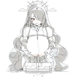 Rule 34 | 1girl, 8 ni, birthday cake, black hair, blue archive, breast hold, breast milk, breasts, cake, food, hair over one eye, halo, hand milking, hinata (blue archive), huge breasts, lactation, long hair, nipples, nun, red eyes, solo, very long hair
