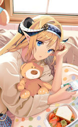 Rule 34 | 1girl, absurdres, alternate costume, arknights, auguste, blanket, blonde hair, blue eyes, blue hairband, braid, brown sweater, casual, cellphone, commentary request, day, dragon horns, food, fruit, hair intakes, hairband, highres, holding, holding phone, horns, indoors, long hair, long sleeves, looking at viewer, lying, on bed, on side, open mouth, phone, pointy ears, saileach (arknights), sandwich, smartphone, smile, solo, strawberry, stuffed animal, stuffed toy, sweater, teddy bear, twin braids, upper body