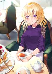 Rule 34 | 1girl, alternate costume, blonde hair, blush, breasts, brown nails, cake, chair, commentary request, commission, cream puff, cup, earrings, fingernails, floral print, food, highres, jewelry, kaede (mmkeyy), lace trim, large breasts, light rays, lips, maribel hearn, nail polish, plate, purple eyes, purple shirt, sandwich, shadow, shirt, short hair, skeb commission, smile, solo, sunbeam, sunlight, table, tablecloth, tea, teacup, teapot, tile floor, tiles, touhou, watch