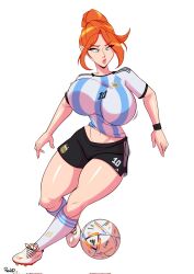 Rule 34 | 1girl, 2022, 2022 fifa world cup, al rihla, argentina, argentinian flag, argentinian flag print, ball, bouncing breasts, breasts, confetti, drinking, flag print, full body, green eyes, highres, huge breasts, lips, long hair, looking to the side, multicolored hair, navel, orange hair, original, pavard, playing sports, shiny skin, shirt, short shorts, shorts, simple background, soccer ball, soccer uniform, solo, sportswear, striped clothes, striped shirt, two-tone shirt, vertical-striped clothes, vertical-striped shirt, white background, white hair, wide hips, world cup