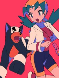 Rule 34 | 1girl, :d, bike shorts, clenched hand, commentary request, creatures (company), cropped jacket, eyelashes, flipped hair, game freak, gen 2 pokemon, green eyes, green hair, hat, highres, houndour, jacket, kris (pokemon), leg up, long hair, long sleeves, looking to the side, nintendo, open mouth, pink background, pokemon, pokemon (creature), pokemon gsc, red shirt, shirt, shoes, smile, twintails, tyako 089, white jacket