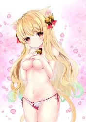 Rule 34 | 1girl, animal ear fluff, animal ears, bad id, bad pixiv id, bell, black choker, blonde hair, blush, bow, bow panties, breasts, cat ears, cat girl, cat tail, choker, closed mouth, commentary request, covering privates, covering breasts, gradient hair, green hair, groin, hair bell, hair ornament, hair ribbon, hands up, head tilt, heart, jingle bell, long hair, looking at viewer, medium breasts, multicolored hair, nanase nao, navel, neck bell, original, panties, red eyes, red panties, red ribbon, ribbon, side-tie panties, solo, tail, topless, underwear, underwear only, very long hair