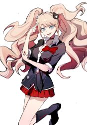 Rule 34 | 1girl, :d, bear hair ornament, black choker, black footwear, black necktie, black shirt, blonde hair, bow, breasts, choker, danganronpa: trigger happy havoc, danganronpa (series), enoshima junko, fang, hair ornament, hand up, highres, large breasts, long hair, lower teeth only, miniskirt, nail polish, necktie, open mouth, pleated skirt, red bow, red nails, red skirt, shirt, skirt, smile, solo, tansuan yun, teeth, tongue, twintails, white necktie