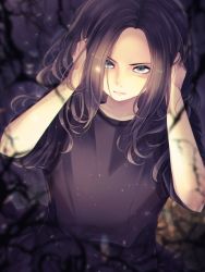 Rule 34 | 1girl, black hair, blue eyes, closed mouth, dress, eveline, long hair, looking at viewer, nana (kanaonet7), parted bangs, resident evil, resident evil 7: biohazard, sleeves rolled up, solo
