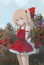 Rule 34 | 1girl, :/, absurdres, arms behind back, ascot, blonde hair, blue sky, blush, bow, bush, cowboy shot, day, expressionless, female focus, flandre scarlet, frills, from side, hair between eyes, hair bow, highres, long hair, looking at viewer, looking to the side, miniskirt, no lineart, one side up, outdoors, petticoat, plant, puffy short sleeves, puffy sleeves, red bow, red eyes, red skirt, red vest, reddizen, rose bush, short sleeves, skirt, skirt set, sky, solo, touhou, vest, yellow ascot