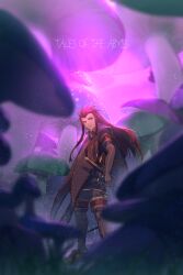 Rule 34 | 1boy, asch (tales), black gloves, blurry, boots, copyright name, depth of field, echo (circa), elbow gloves, floating hair, from side, frown, gloves, grass, green eyes, hair slicked back, light particles, long hair, looking to the side, male focus, mushroom, pants, red hair, sheath, sheathed, short sleeves, sideways glance, solo, standing, sword, tabard, tales of (series), tales of the abyss, thigh boots, weapon